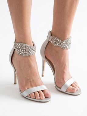 Beaded Ankle-Strap Silver Stiletto Heels for Women